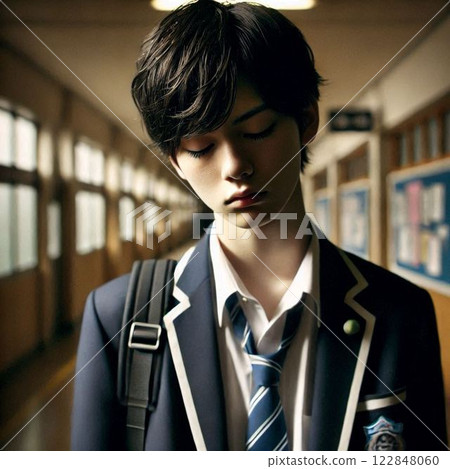 一名高中男孩走在黑暗的走廊裡 一名高中男孩走在黑暗的走廊裡 122848060