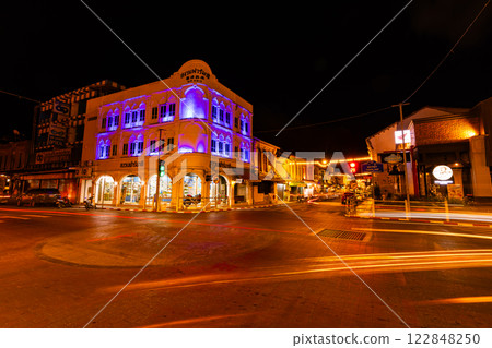 Phuket Thailand, January 26, 2025 Beautiful Buildings of the Sino Portuguese architecture at Phuket old town Thailand Phuket Thailand, January 26, 2025 Beautiful Buildings of the Sino Portuguese architecture at Phuket old town Thailand 122848250