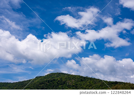 Beautiful blue sky white clouds over sea ocean background 122848264