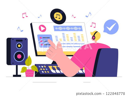 Music Production Illustration featuring People Listening to and Music Recording an Audio Podcast or Online Show with Professional Studio Equipment 122848778