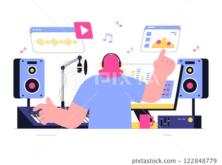 Music Production Illustration featuring People Listening to and Music Recording an Audio Podcast or Online Show with Professional Studio Equipment 122848779