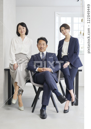 Portrait of a businesswoman and businessman looking at camera, full body 122849449