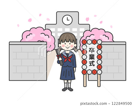 畢業典禮上身穿水手服的女學生站在學校建築前的插圖（線畫） 122849500