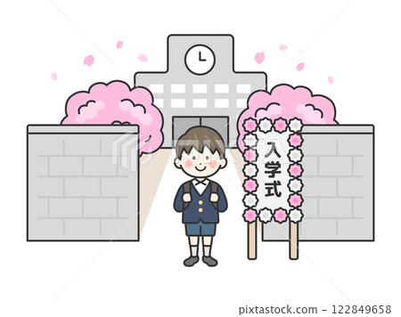 小學入學典禮上站在校舍前的一名小學生（線畫）的插圖 122849658