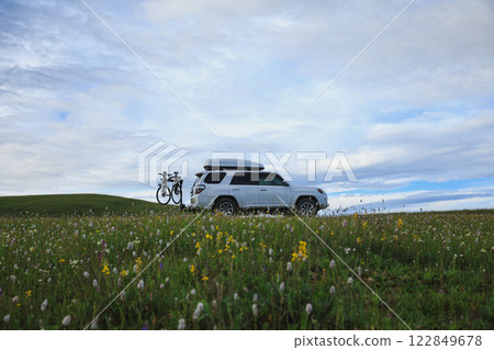 Offroad car on flowering grassland mountain under blue sky 122849678