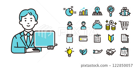Young office worker explaining with tablet and icon set Young office worker explaining with tablet and icon set 122850057