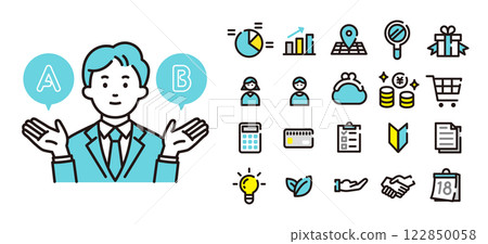 Young office worker giving options and icon set 122850058