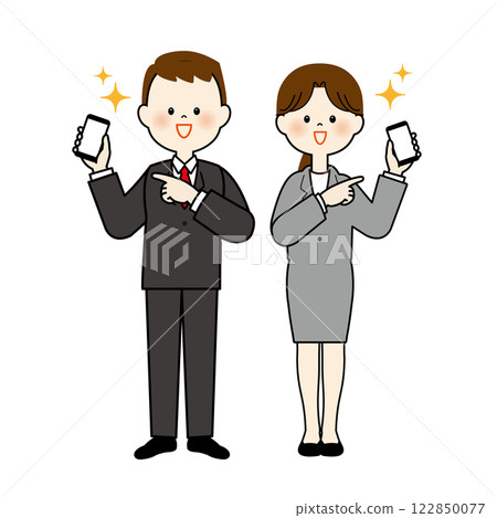 Men and women in suits pointing at mobile phones Men and women in suits pointing at mobile phones 122850077