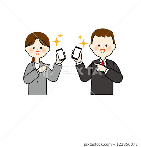 Men and women in suits pointing at mobile phones, upper body Men and women in suits pointing at mobile phones, upper body 122850078