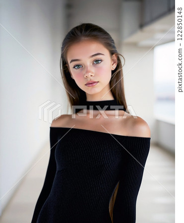 身穿緊身黑色連身裙的苗條年輕女模特兒肖像 122850148