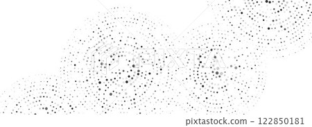 Black dotted concentric circle pattern. Rippled sound wave ring background. Radial halftone abstract drop wallpaper. Circular particle texture for flyer, poster, presentation, banner. Vector backdrop 122850181