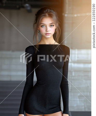 身穿緊身黑色連身裙的苗條年輕女模特兒肖像 122850190