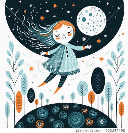 happy girl jumping against the background of the starry sky. postcard. vector illustration happy girl jumping against the background of the starry sky. postcard. vector illustration 122850498