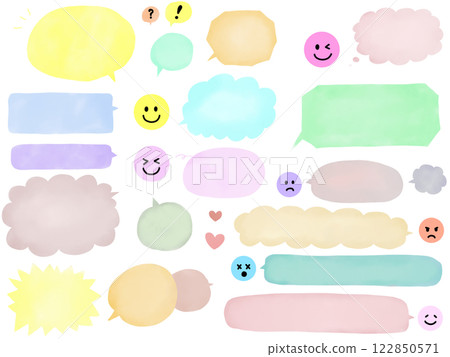 一套水彩七彩泡泡和表情符號 122850571