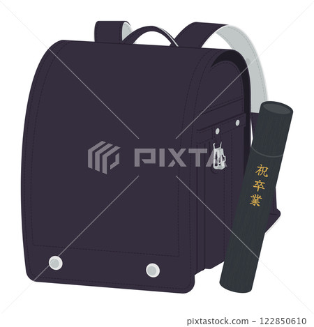 Black school bag and diploma and round cylinder / Graduation ceremony / Vector illustration Black school bag and diploma and round cylinder / Graduation ceremony / Vector illustration 122850610