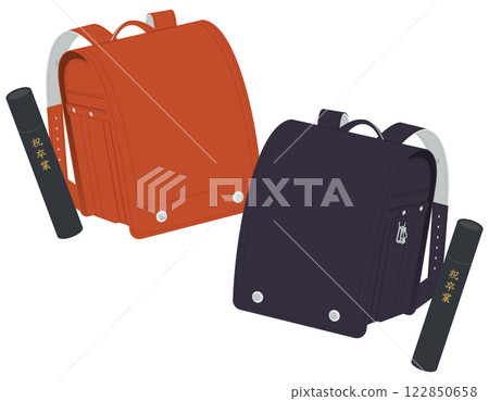 紅黑色書包和文憑/圓形容器/畢業典禮/向量插圖 122850658