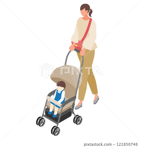 一名婦女推著一輛載有兒童的嬰兒車 一名婦女推著一輛載有兒童的嬰兒車 122850748