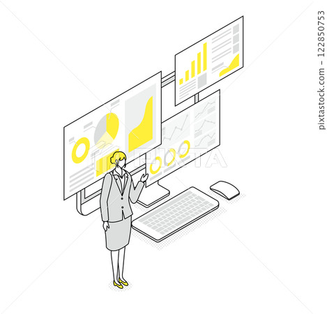 Isometric illustration of a businesswoman presenting web marketing 122850753