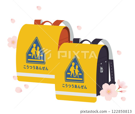 Red and black school bag and school bag cover / Cherry blossom petals / Entrance ceremony, new students, new first graders / Vector illustration Red and black school bag and school bag cover / Cherry blossom petals / Entrance ceremony, new students, new first graders / Vector illustration 122850813