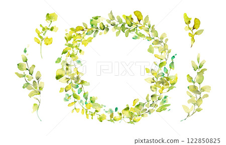 Watercolor. Vector illustration of eucalyptus in watercolor style. Decorative frame of leaves painted in watercolor. 122850825