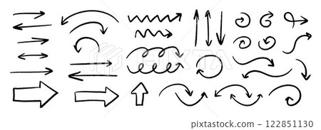 Hand drawn curved and straight arrow set. Black grunge sketch arrow collection. Doodle sketched pointers and direction lines. Wavy and zigzag brush stroke bundle for flyer, poster, brochure. Vector 122851130
