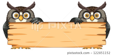 Owls Holding a Wooden Sign 122851152