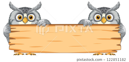 Owls Holding a Wooden Sign Owls Holding a Wooden Sign 122851182