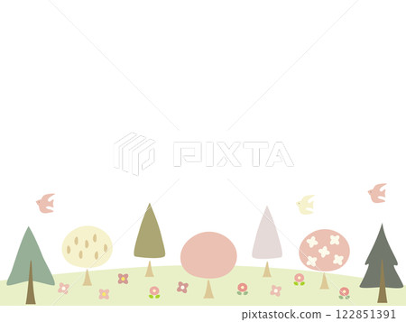 一個可愛的春天森林框架背景插圖，顏色暗淡 122851391