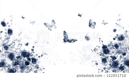 海軍藍花朵和蝴蝶插圖，白色背景 122851718