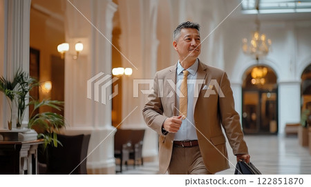 confident man in suit walking through elegant hotel lobby 122851870
