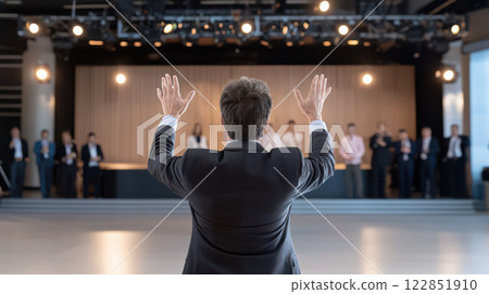 speaker presents at tech expo, engaging audience with enthusiasm 122851910