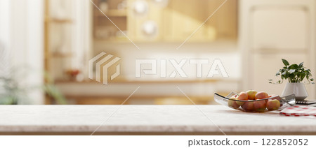 Minimalist white-marble kitchen island with decorative items set in in a minimalist, bright kitchen. Minimalist white-marble kitchen island with decorative items set in in a minimalist, bright kitchen. 122852052