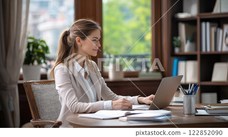businesswoman working on laptop in bright office space 122852090