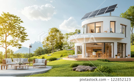 Modern circular smart home with solar panels in green landscape 122852123