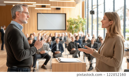 Engaged CEO presenting ideas to attentive audience in modern conference room 122852160