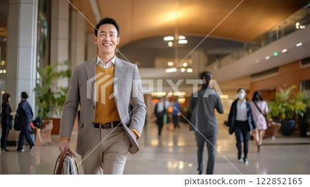 Confident executive in stylish suit walking through modern office 122852165