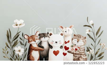 Adorable animals celebrating love with hearts and flowers in cheerful scene 122852223