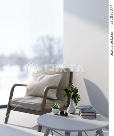 A simple white room with a minimalist armchair and a round white coffee table. A simple white room with a minimalist armchair and a round white coffee table. 122852374