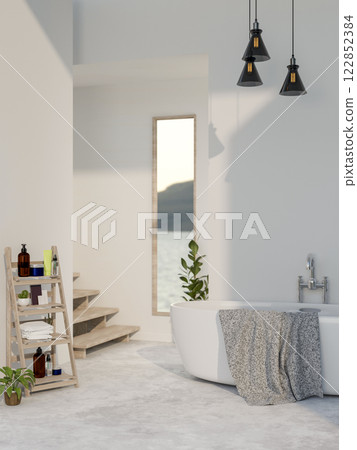 A minimalist modern white bathroom with a bathtub, a shelf for bath essentials, and decorative items A minimalist modern white bathroom with a bathtub, a shelf for bath essentials, and decorative items 122852384