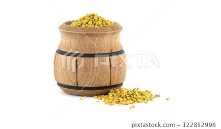 Wooden Jar Filled with Golden Bee Pollen on White Background Wooden Jar Filled with Golden Bee Pollen on White Background 122852998