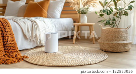 modern white air purifier in cozy living room with natural decor modern white air purifier in cozy living room with natural decor 122853036