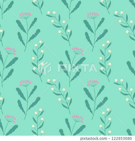 Summer time vibe. Herbal doodles, botanical pattern, twigs with pink and white berries on mint green background. Summer meadow, clearing with herbs. 122853080