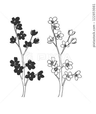 Branch set of blooming cherry in doodle sketch style, contour hand drawing, isolated on white background. Spring sakura. 122853081