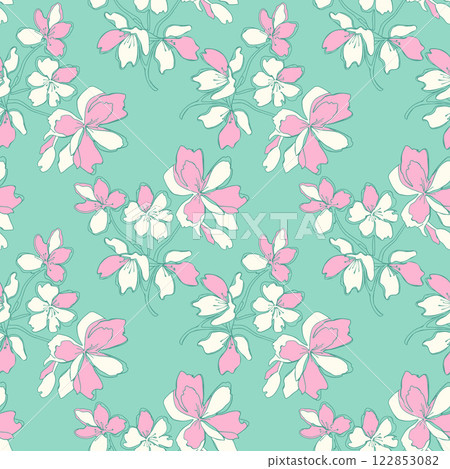 Spring vibe with pink-white flowers doodle pattern, stylized abstract sketch, on mint background. 122853082