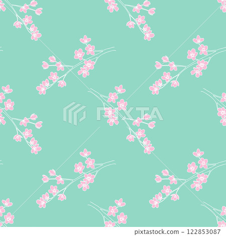Spring vibe pattern cherry blossom branch sketch drawing, flowers contour stylized drawing. On mint background. 122853087