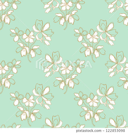Summer vibe with flowers doodle pattern, stylized abstract gold sketch, on mint background. Summer vibe with flowers doodle pattern, stylized abstract gold sketch, on mint background. 122853098