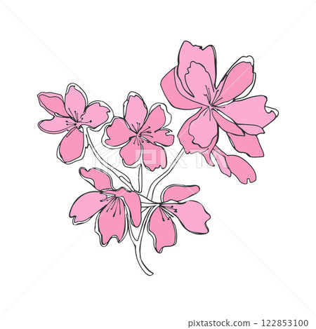 Pink Flowers doodle, stylized contour abstract drawing, summer vibe, outline sketch, isolated on white background. 122853100