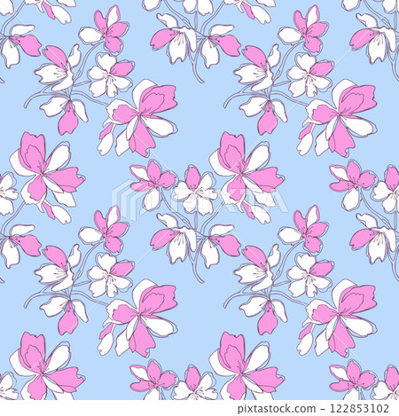 Spring vibe with flowers doodle pattern, stylized abstract sketch, on blue background. 122853102