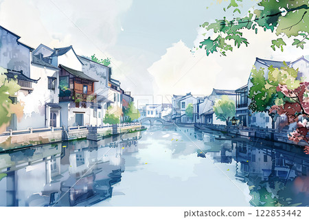 World Heritage Site, Grand Canal, China: Atmospheric water towns surrounded by waterways (watercolor style) 122853442
