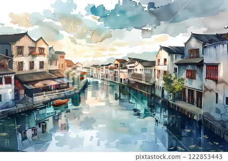 世界遺產，大運河，中國：水道環繞的富有氛圍的水鄉（水彩風格） 122853443